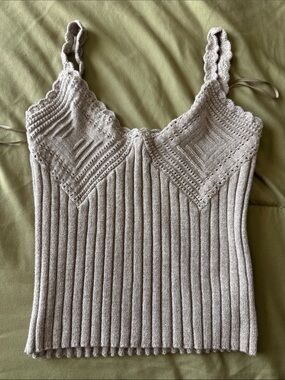 Ribbed Knit Lace-Trim Cami - Cream